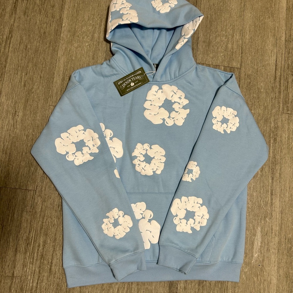 Denim Tears Men’s Light Blue Hoodie with White Floral Prints